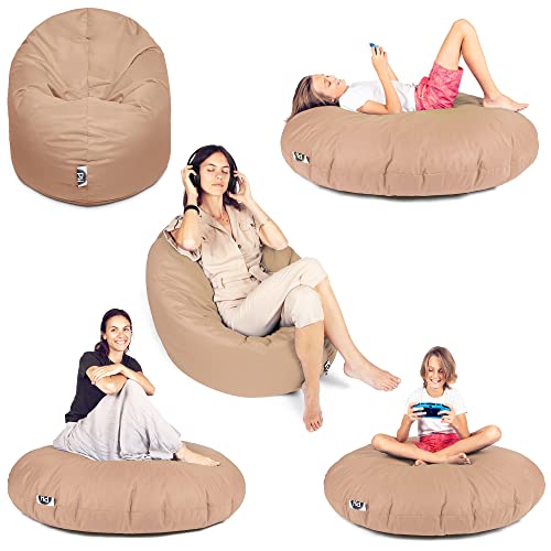 PATCH HOME Patchhome Sitzsack 2 in 1 Sitzkissen Bodenkissen für Erwachsene & Kinder - Gaming mit Füllung Kissen Sessel BeanBag (Ø 100cm, Beige) von PATCH HOME