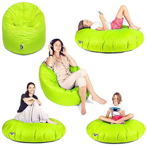 PATCH HOME Patchhome Sitzsack 2 in 1 Sitzkissen Bodenkissen für Erwachsene & Kinder - Gaming mit Füllung Kissen Sessel BeanBag (Ø 100cm, Neon Gelb) von PATCH HOME