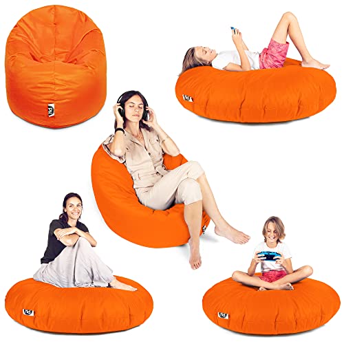 PATCH HOME Patchhome Sitzsack 2 in 1 Sitzkissen Bodenkissen für Erwachsene & Kinder - Gaming mit Füllung Kissen Sessel BeanBag (Ø 100cm, Neon Orange) von PATCH HOME