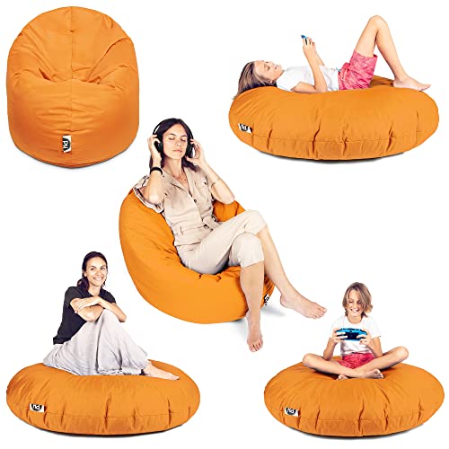 PATCH HOME Patchhome Sitzsack 2 in 1 Sitzkissen Bodenkissen für Erwachsene & Kinder - Gaming mit Füllung Kissen Sessel BeanBag (Ø 100cm, Orange) von PATCH HOME