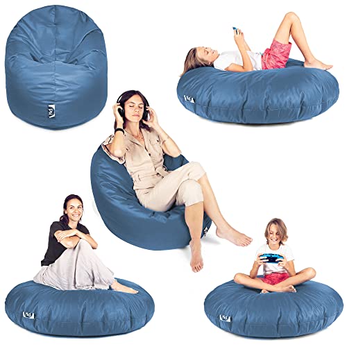 PATCH HOME Patchhome Sitzsack 2 in 1 Sitzkissen Bodenkissen für Erwachsene & Kinder - Gaming mit Füllung Kissen Sessel BeanBag (Ø 125cm, Blaugrau) von PATCH HOME