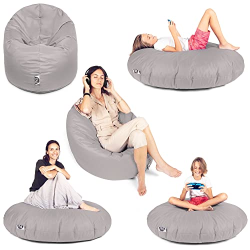 PATCH HOME Patchhome Sitzsack 2 in 1 Sitzkissen Bodenkissen für Erwachsene & Kinder - Gaming mit Füllung Kissen Sessel BeanBag (Ø 125cm, Grau) von PATCH HOME