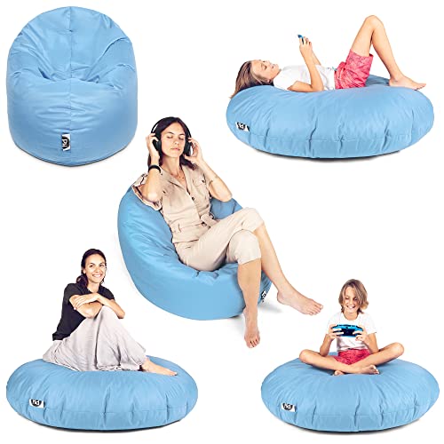 PATCH HOME Patchhome Sitzsack 2 in 1 Sitzkissen Bodenkissen für Erwachsene & Kinder - Gaming mit Füllung Kissen Sessel BeanBag (Ø 125cm, Hellblau) von PATCH HOME