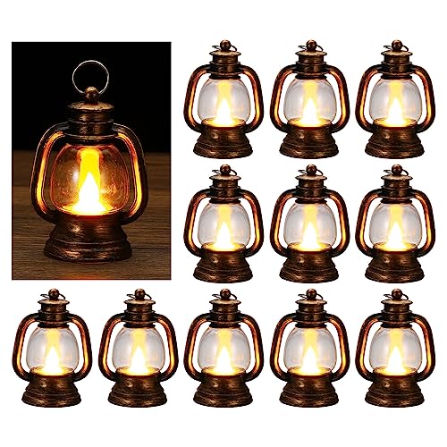 PATIKIL 12 Pack Mini Lantern mit Flackernde LED Kerze 4" Vintage Kerze Laternen Hängende Dekorativ für Mittelstück Halloween Weihnachten Party Retro Gold von PATIKIL
