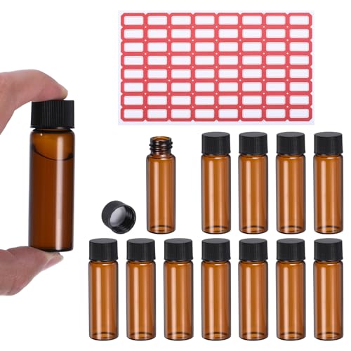 PATIKIL 15ml Braune Glasfläschchen, 12er Pack Probengefäße mit Schraubverschluss und Beschriftungsfeld Reagenzglas mit Etiketten Auslaufsichere Flüssigkeitsfläschchen für das Labor von PATIKIL