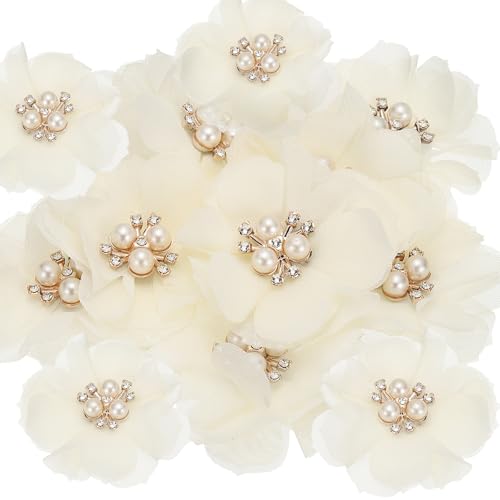 PATIKIL 2,36 Zoll Strass Perlen Chiffon Blume, 15 Stück Nähen Stoff Applikationen für DIY Handwerk Kleidung Stirnbänder Hochzeit Party Dekoration, Beige von PATIKIL