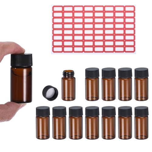 PATIKIL 20 ml Braune Glasfläschchen, 12er Pack Probengefäße mit Schraubverschluss und Beschriftungsfeld Reagenzglas mit Etiketten Auslaufsichere Flüssigkeitsfläschchen für das Labor von PATIKIL