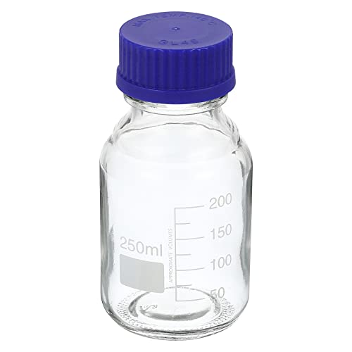 PATIKIL 250mL Reagenz Medien Flasche, 1Pcs runde abgestufte Glas Speicher Flasche blau Schraubverschluss für Labor Zuhause, klar von PATIKIL
