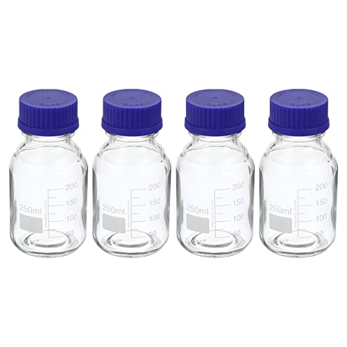 PATIKIL 250ml Reagenz Medien Flasche, 4Pcs runde abgestufte Glas Speicher Flasche blaue Schraube für Labor Haus, klar von PATIKIL