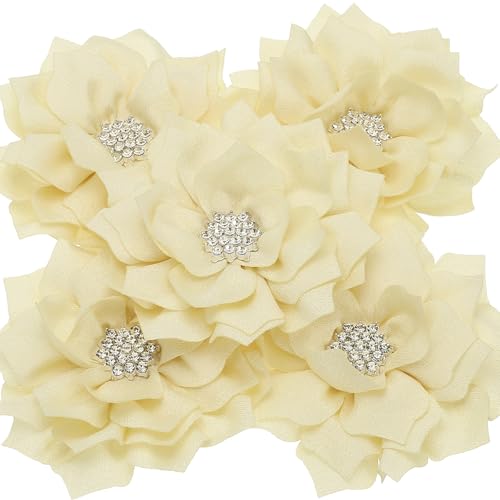 PATIKIL 3,5" Chiffon Blumen, 5 Stück Stoffblumen Strass Perlen Nähen Stoff Applikationen für Basteln Nähen Kleider DIY Kleidung Haarbänder Hochzeit Party Dekoration, Beige von PATIKIL