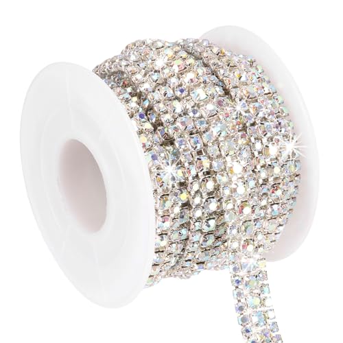 PATIKIL 3 Yards Strasskette Rolle 3 Reihen Kristall Close Chain Bling Nähtrimstreifen Für Kleidung Handwerk DIY Kostümdekoration Taschenrandverzierung Silber/AB Bunt von PATIKIL
