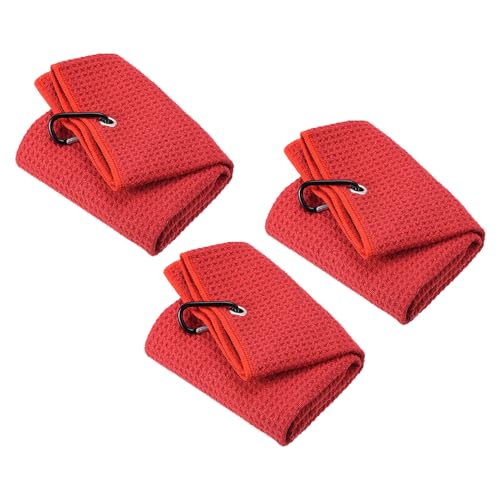 PATIKIL 12"x12" 3Stk Dreifach Gefaltet Golf Handtuch Waffelmuster Handtücher Weiche Faser Starke Wasserabsorption mit D Clip für Golfliebhaber Rot von PATIKIL