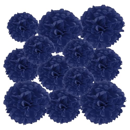 PATIKIL 12 Stück 10/15/20 cm Pom Poms Papier Blumen, Papierblumen Hochzeitsdeko Seidenpapier für Hochzeit Brautdusche Geburtstagsparty Hintergrund Dekoration, Marineblau von PATIKIL