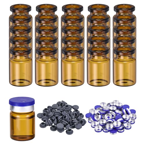 PATIKIL 5 ml Glasfläschchen, 100 Stück kleine Glasfläschchen, leere Probenflasche Mini klar mit Verschlusskappen, Gummistopfen und Injektionsport für Labore, Injektionspflanzen, braun von PATIKIL