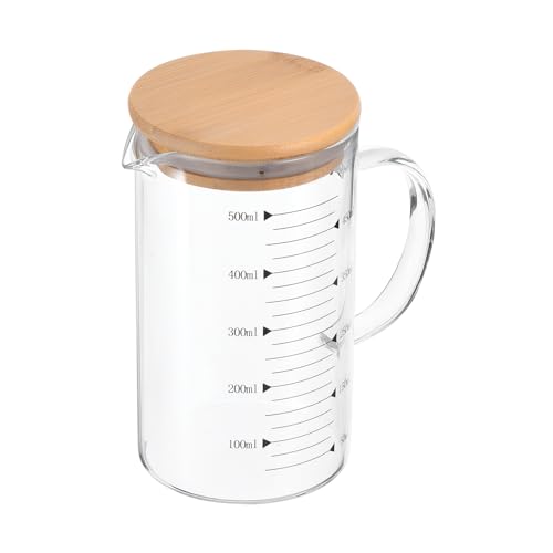 PATIKIL 500ml Glas Messbecher, 3.3 Borosilikatglas mit schwarzer Skala, Flüssigkeitsmessbecher mit Holzdeckel und V-förmigem Ausguss für die Küche von PATIKIL