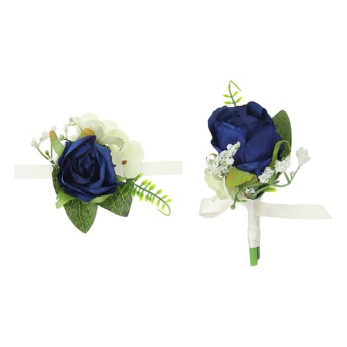 PATIKIL Handgelenk-Korsage und Boutonnieres Set, 2 Stück Künstliche Rosen Hochzeit Brautjungfern Korsage Prom Handgelenkband Mutter Frauen Abschlussfeier Konzert, Dunkelblau von PATIKIL