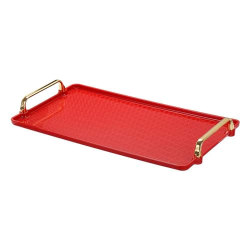 PATIKIL Plastik Servierschale mit Golden Handgriff 16.1" x 8.7" Modernes Rechteckig Dekorativ wiederverwendbar Tablett Schmuck Servierplatte für Arbeitsplatte Bad Küche Rot von PATIKIL