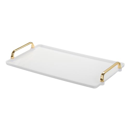 PATIKIL Plastik Servierschale mit Golden Handgriff 16.1" x 8.7" Modernes Rechteckig Dekorativ wiederverwendbar Tablett Schmuck Servierplatte für Arbeitsplatte Bad Küche Weiß von PATIKIL
