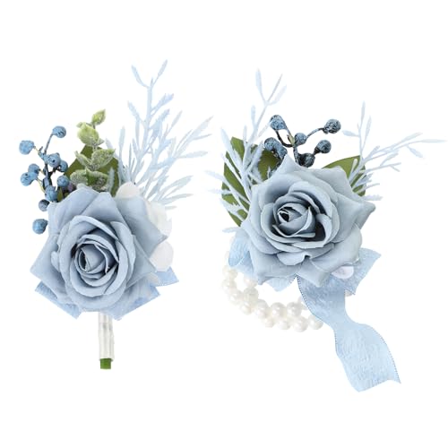 PATIKIL Rose Corsage und Boutonniere Set für Bräutigam Braut Brautjungfern Heimkehr Abschlussball Party Hochzeit Blumen Accessoires Prom Anzug Hellblau von PATIKIL