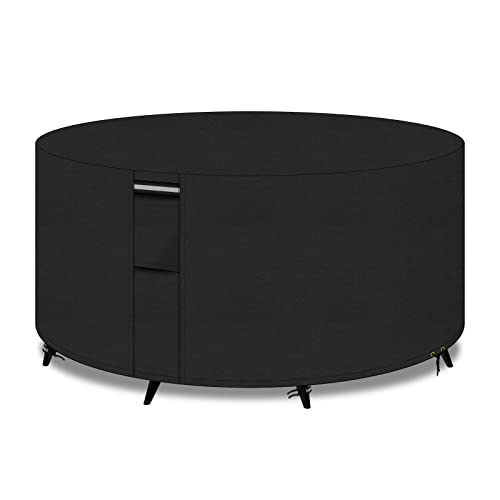 PATIO PLUS Gartentisch abdeckungen rund mit Lüftungsschlitzen, 600D Oxford-Gewebe runde Patio Set Tisch abdeckung, Gartenmöbel Set Abdeckung wasserdicht, Winddicht, Anti-UV, 200x80cm, schwarz von PATIO PLUS