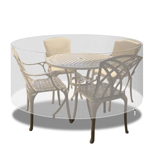 PATIO PLUS Outdoor-Möbelabdeckungen runder Terrassentisch Abdeckung wasserdicht - Gartenmöbel Set Abdeckungen rund für Patio Tisch und Stühle Set - Extra groß 300x90cm Transparent von PATIO PLUS