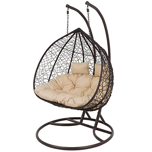 PATIO Hängesessel 2 Sitzer Hängestuhl mit Gestell 2 Personen Indoor Outdoor bis 200 kg beige Auflage und 2 Kopfkissen brauner Korb aus Polyrattan Stahlgestell Marcel Wenge 2-Sitzer von PATIO