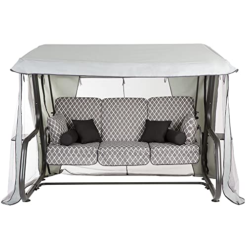 PATIO Hollywoodschaukel 4 Sitzer mit Liegefunktion 179 cm Venezia Lux Sitzpolster grau weiß Sonnendach Moskitonetz Seitentische Dekokissen von PATIO