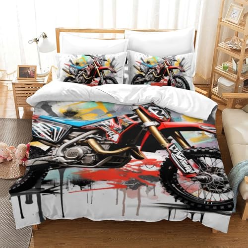 PATO FLIGHT Motocross Bike 3 Pc Mikrofaser Bettbezug Mit Kissenbezug 3D Modern Mit Reißverschluss Bettwäsche-Set Für Schlafzimmer Für Erwachsene Single（140x200cm） von PATO FLIGHT
