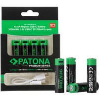 Patona - Premium usb-c 4x aa Akkus Lithium 1.5V 3000mWh aufladbar mit 1 zu 2 usb-c Ladekabel von PATONA