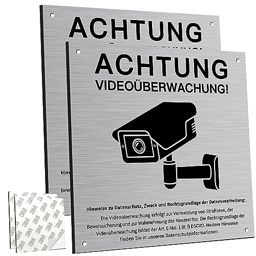 2 Stück Achtung Videoüberwachung Schild Privatgrundstück mit DSGVO Hinweis, 15x15cm Aluminium Schilder Kameraüberwachung, mit Selbstklebend und 2 Bohrlöcher, Kamera Überwachung, Warnschild von PATRICHOR