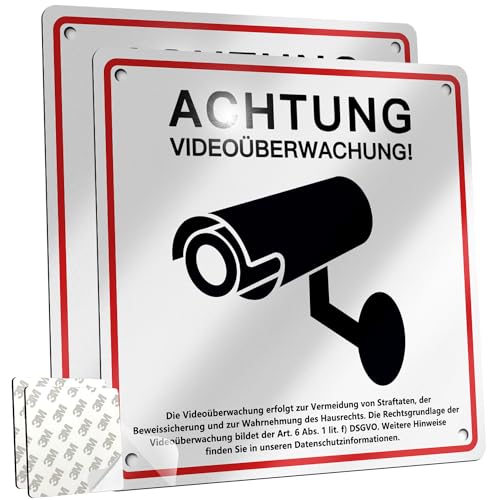 2 Stück Achtung Videoüberwachung Schild Privatgrundstück mit DSGVO Hinweis, 15x15cm Schilder Kameraüberwachung mit Selbstklebend Aluminium Reflektierend und 2 Bohrlöcher, Kamera Überwachung Schild von PATRICHOR