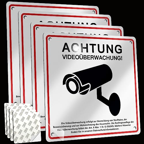 4 Stück Achtung Videoüberwachung Schild Privatgrundstück mit DSGVO Hinweis, 15x15cm Schilder Kameraüberwachung mit Selbstklebend Aluminium Reflektierend und 4 Bohrlöcher, Kamera Überwachung Schild von PATRICHOR
