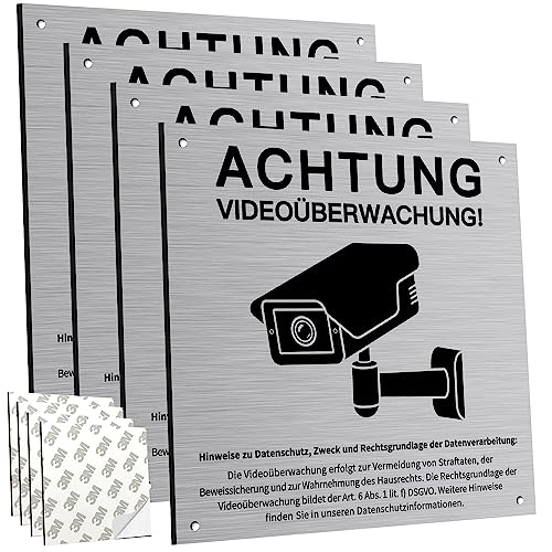4 Stück Achtung Videoüberwachung Schild Privatgrundstück mit DSGVO Hinweis, 15x15cm Aluminium Schilder Kameraüberwachung, mit Selbstklebend und 4 Bohrlöcher, Kamera Überwachung, Warnschild von PATRICHOR