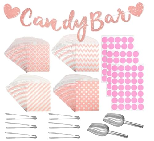 112 Stück Candy Bar Zubehör,Enthält Candy Bar Tüten und Zuckerzange,Eisschaufel und Stickers,Rosa Deko,Candybar Zubehör Set für Hochzeit Geburtstage Party von PATRICKWHITE