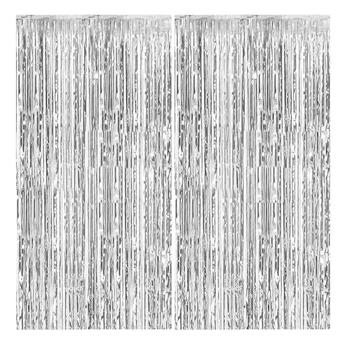 PATRICKWHITE 2 Stück silberner Lametta-Vorhang, 1 m x 2 m Glitzer-Party-Vorhang, Lametta-Vorhänge mit Glitzerfolien, für Geburtstagsfeier, Tanz, Abschlussfeier, Fotohintergrund, Hochzeit von PATRICKWHITE