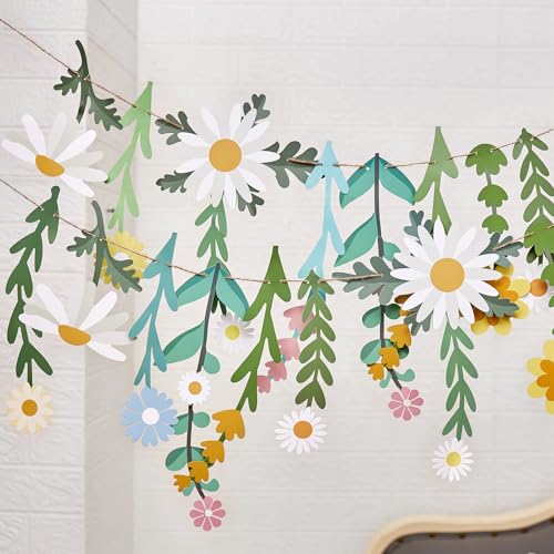 Wildblume Deko Banner, Papier Blumen Girlande, Blume Blätter Banner, Gänseblümchen Girlande für Frühling Garten Babyzimmer Kindergeburtstage Hochzeit Babyparty von PATTEPOINT