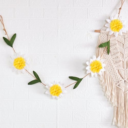 Gänseblümchen Deko Papier Blumengirlande mit grünen Blättern, 2m Boho-Gänseblümchen-Banner Frühlingsgirlande zum Aufhängen Künstliche Gänseblümchen Girlande für Hochzeit Garten Wand Dekor von PATTEPOINT