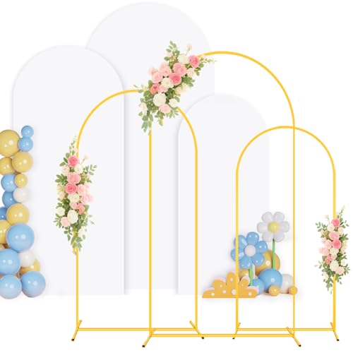 PATYDEST Bogen-Hintergrundständer und Abdeckung (1,8 m, 1,5 m, 1,2 m, 1,2 m) Metallbogenständer mit weißer Abdeckung, Set mit 3 Stück, Hochzeitsbogenrahmen und Bogenständer, Abdeckung für Geburtstag von PATYDEST