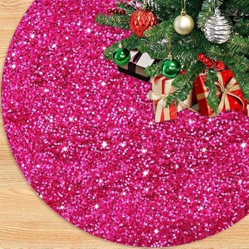 PATYDEST Hot Pink Tree Skirt Christmas 60 Inch Sequin Velvet Tree Skirt Glitter Tree Skirts Large Sparkle Decorative Fuchsia Tree Skirt Collar Santa Xmas Tree Mats for New Year Party Home Deocr von PATYDEST
