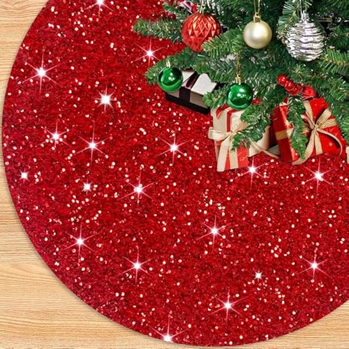 PATYDEST Red Merry Christmas Tree Skirt 36 Inches Round Velvet Xmas Tree Skirt Embroidered Sequin Tree Skirts Shimmer Christmas Tree Floor Mat Glitter Xmas Skirt Tree Ornaments for Winter Holiday von PATYDEST