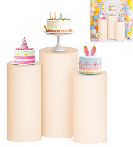 PATYDEST Spandex Zylinder-Ständer-Abdeckungen, Set mit 3 beigefarbenen Sockelständern, Stretch-Sockelabdeckung, elastische Säulenabdeckungen für Geburtstagsfeiern, Babypartys, Desserts von PATYDEST