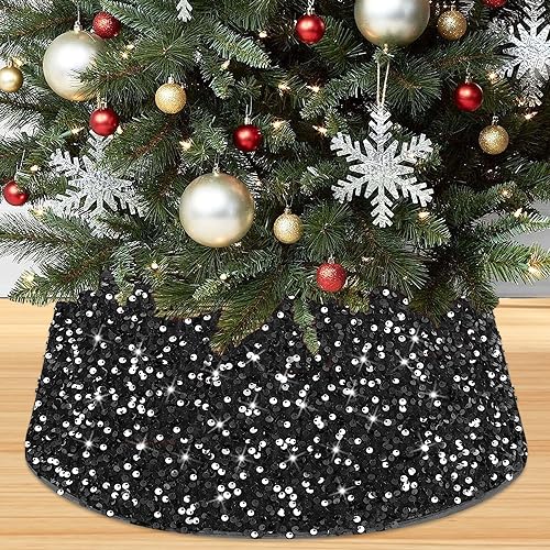 Schwarzer Weihnachtsbaumkragen und Halloween-Baumrock – 60 cm glitzernde Pailletten-Samt-Dekorationen – Weihnachtsbaum-Ständer-Basisabdeckung für Winterferien von PATYDEST