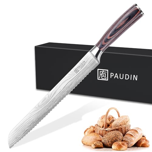 PAUDIN Brotmesser mit Wellenschliff 26 cm aus hochwertigem rostfreiem Edelstahl, extra scharfe Messerklinge mit ergonomischem Pakkaholzgriff von PAUDIN