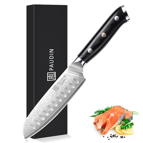 PAUDIN Damastmesser santoku messer 13 CM, Profi Damast Küchenmesser für Küche, Extrem Scharf Kohcmesser und Küchenbeil, Hochwertigem Edelstahl Messer mit Scharfe Klinge und Ergonomisches G10 Griff PAUDIN Damastmesser santoku messer 13 CM, Profi Damast Küchenmesser für Küche, Extrem Scharf Kohcmesser und Küchenbeil, Hochwertigem Edelstahl Messer mit Scharfe Klinge und Ergonomisches G10 Griff von PAUDIN
