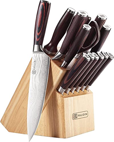 PAUDIN Messerblock, 14-teiliges Messer-Set für die Küche, scharf, hochwertiges deutsches Edelstahlmesser-Set mit Holzblock, Messerschäfer und Schere von PAUDIN