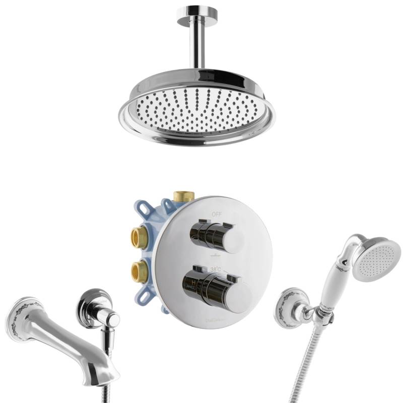 PaulGurkes 3-Wege Thermostat Duschsystem für Badewanne Nostalgie Regendusche Unterputz Set Komplett von PAULGURKES