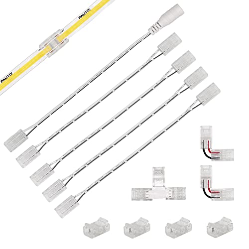 COB LED Streifen Steckverbinder Set für 8mm Breite COB Streifen 2Pin, 4 Stück Transparente Mittelverbinder, 2Stück L-Form, 1Stück T-Form und 4Stück Dual-End Verlängerungsdrähte 15cm mit 1Stück DC von PAUTIX