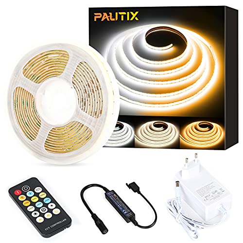 PAUTIX COB LED Streifen CCT Warmweiß Kaltweiß CW WW,1920LEDs Dimmbar 2700K-6500K 24V 3M LED Strip light Set mit Netzteil und RF Fernbedienung für Schlafzimmer Küche TV Spiegel DIY Beleuchtung von PAUTIX