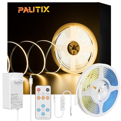 PAUTIX COB LED Streifen Bausatz 2700K Warmweiße,Dimmbar 10M 4800LEDs DC24V LED Strip Light,High Lumen LED Band lichter Kit mit RF Remote Timer Funktion und GS Netzteil für Heim und Küchenbeleuchtung von PAUTIX