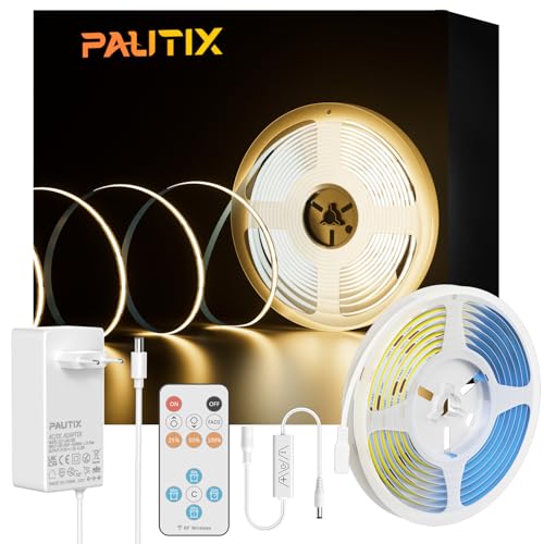 PAUTIX COB LED Streifen Bausatz Warmweiße 3000K,Dimmbar 10M 480LEDs/M DC24V LED Strip Light,High Lumen LED Band lichter Kit mit RF Remote Timer Funktion und GS Netzteil für Heim und Küchenbeleuchtung von PAUTIX